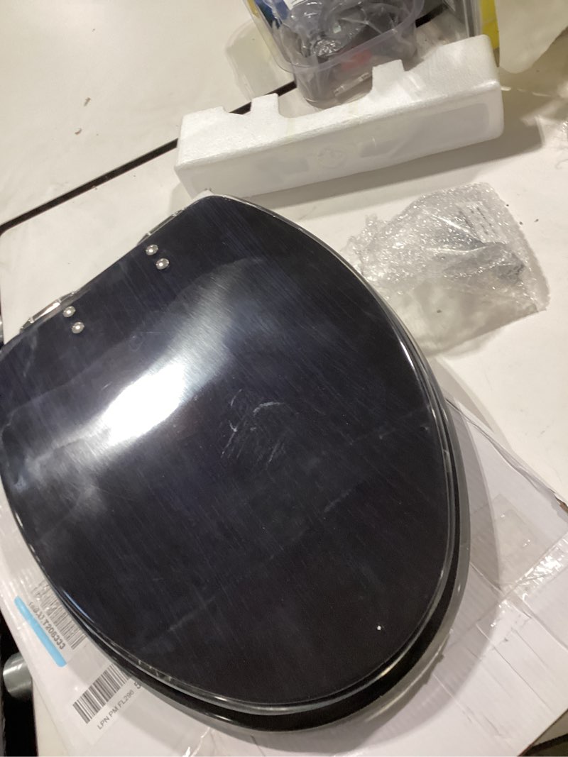 Condition photo showing Good Condition for elongated toilet seat navy blue abstract stripes lines wall surface dark grunge resin toilet seat quietly close quick release hinges with cover bumpers decorative easy to install clean elongated style 6