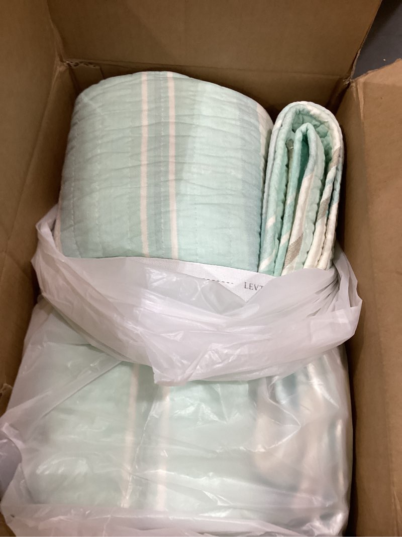 Condition photo showing Good Condition for levtex home - stone harbor king/cal king quilt - striped coastal - light blue, taupe, & cream - quilt set size 106x92in. and two shams 20x36in. - reversible - cotton fabric