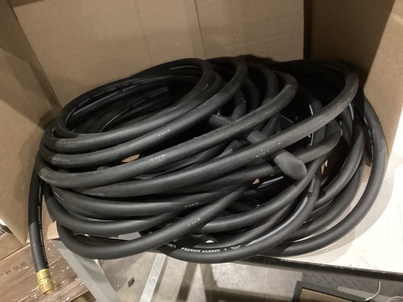 Condition photo showing As Is for continental premium garden black heavy duty cold water garden hose, 5/8in inside diameter x 100ft length, male x female garden hose thread…