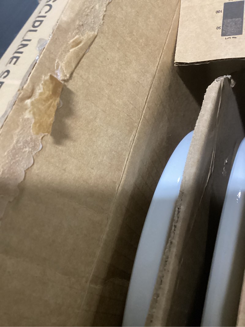 Condition photo showing As Is for mayfair ashton easy to clean single hinge toilet seat, modern slow close wood toilet seat, made in usa, elongated, white elongated modern hinge