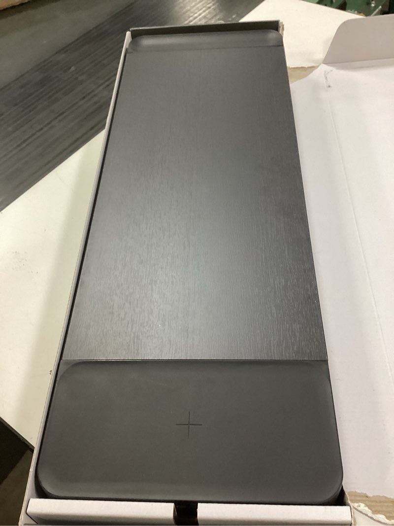 Condition photo showing Good Condition for POUT E8 Wood Desk Monitor Computer Stand Riser Shelf + USB HUB + Qi Fast Wireless Charging Charger Pad Mat for Laptop, Apple, iMac, PC, iPhone, Samsung Galaxy, Airpod 2, Buds (Black)
