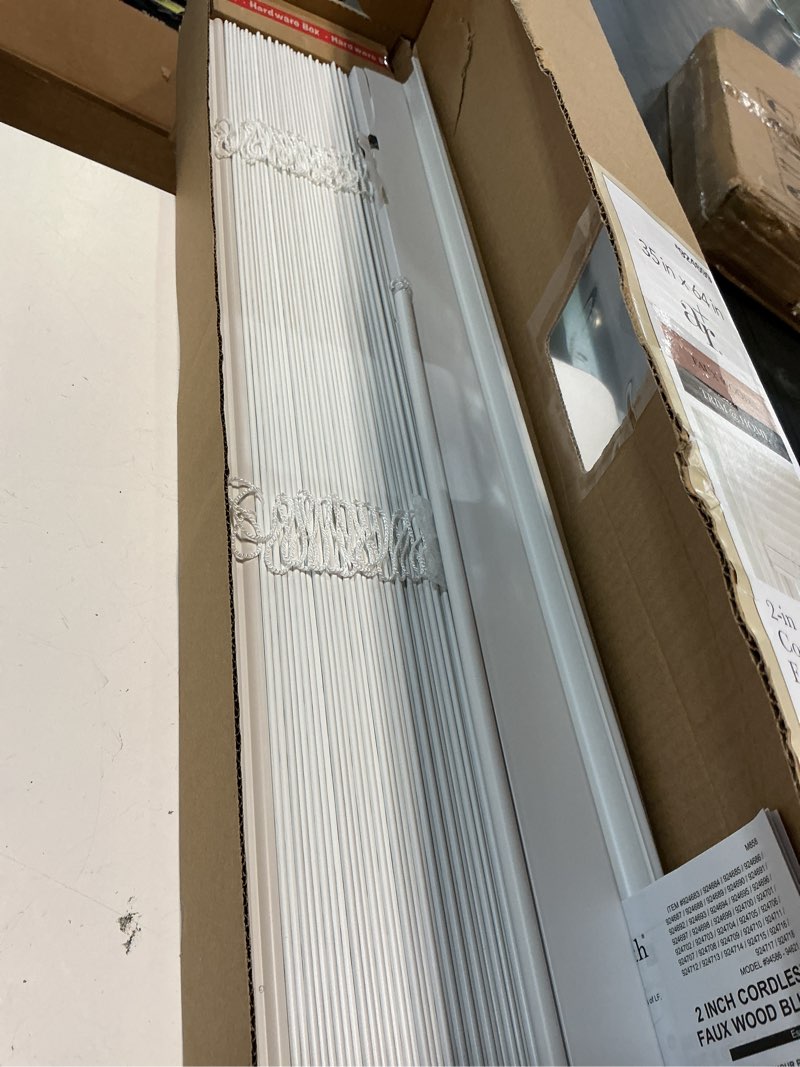 Condition photo showing New/Like New for allen + roth trim at home 2-in slat width 35-in x 64-in cordless white faux wood room darkening horizontal blinds