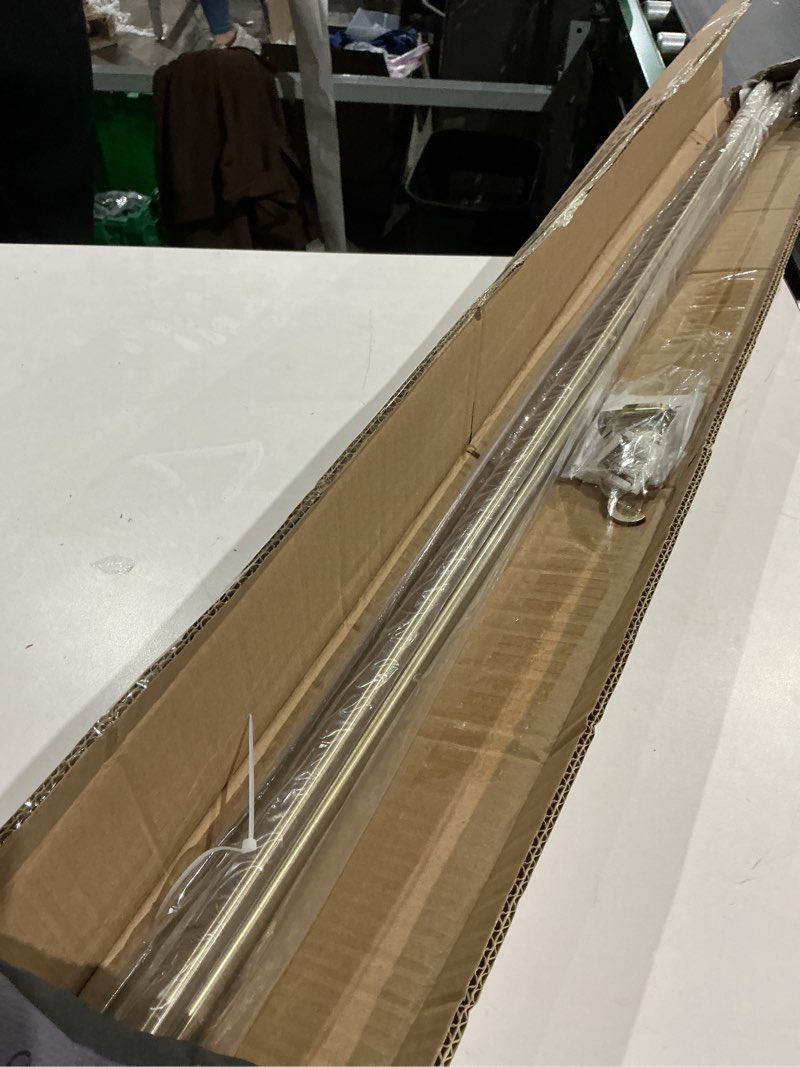 Condition photo showing As Is for antique bronze disc curtain rods, 84-144 inches window curtain rod,adjustable room darkening drapery rod with aluminum finials and brackets,wrap around design 84-144" antique bronze