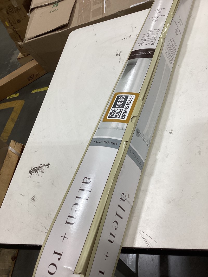 Condition photo showing As Is for allen + roth 42-in to 72-in brushed nickel tension single straight adjustable shower curtain rod