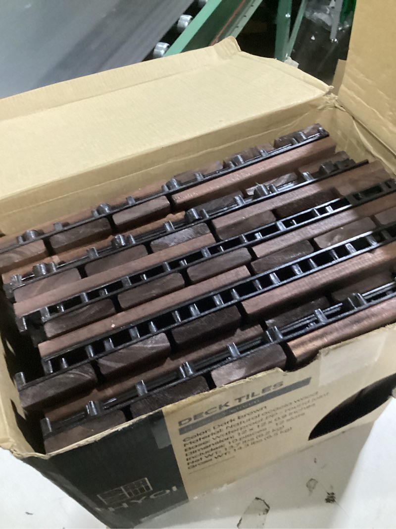 Condition photo showing Good Condition for thyoi 10 pcs interlocking deck tiles 12  x 12   patio flooring outdoor waterproof  acacia wood tiles all weather  floor tiles for balcony  backyard  indoor and outdoor use (round joint  dark brown)