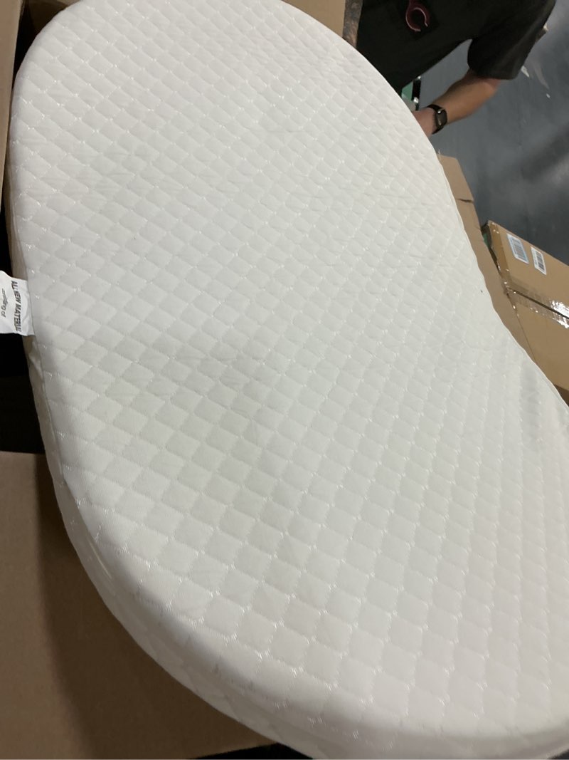 Condition photo showing As Is for Baby Bassinet Mattress, 100% Breathable Cover, Water-Resistant Lining, Oval 20x33x2 inch Fits for 4moms MamaRoo Bassinet White (similar no same)