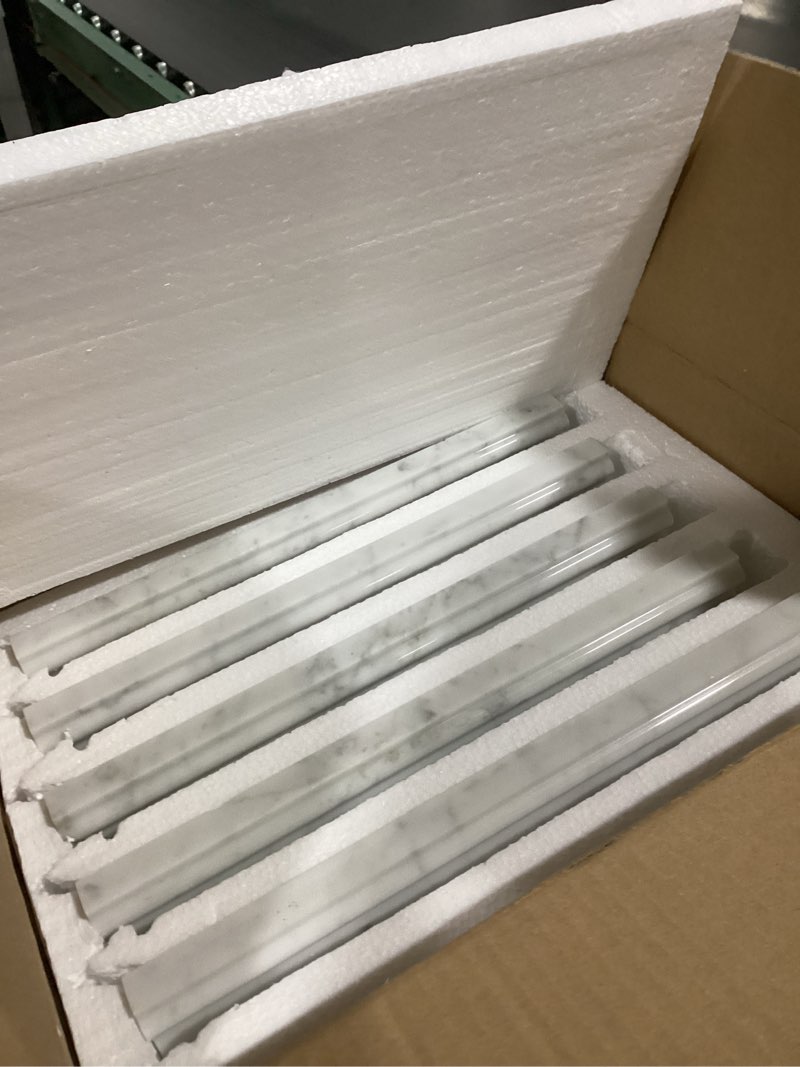 Condition photo showing Good Condition for 10 pcs carrara white marble chair rail trim molding, 2x12 inch crown bullnose edge for bathroom kitchen shower livingroom walls, polished 2 x 12 inch polihed carrara marble chair rail-c
