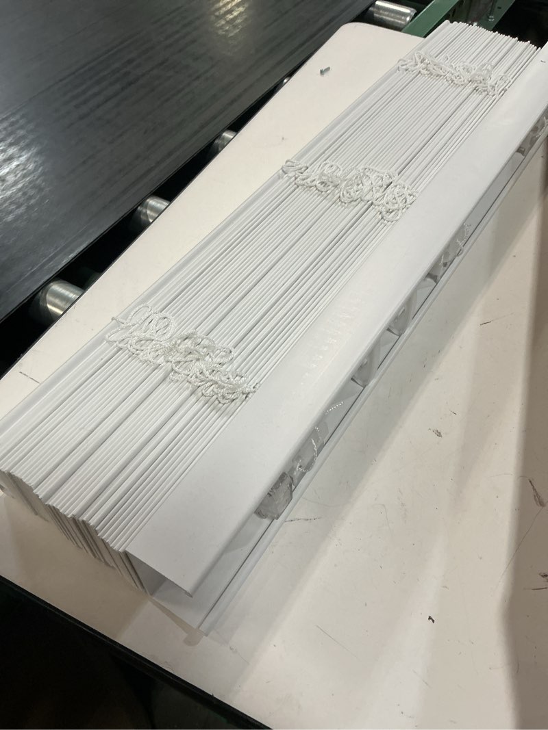 Condition photo showing As Is for lotus & windoware cordless, 2 inch faux wood blind, 34" wide x 60" long, window blinds, blinds & shades, blinds for indoor windows, embossed, bright white