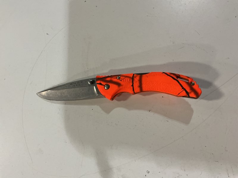 Condition photo showing As Is for buck knives bantam blw country (mossy oak)