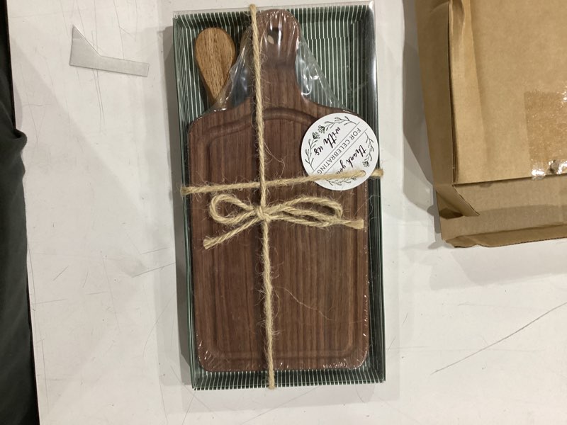 Condition photo showing Good Condition for 1 set bridal baby shower cheese prizes wooden square board gift set knives forks thank you tags with box for guests for valentines bridal baby shower housewarming (walnut wood) walnut color 1
