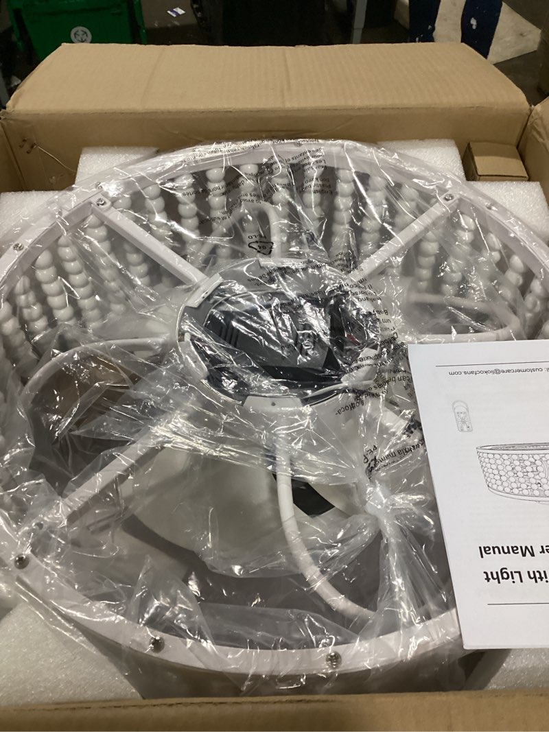 Condition photo showing As Is for ceiling fans with lights and remote - bulbs included | tropical caged fandelier with handcrafted beaded décor | flush mount installation fan lighting fixture | 19 inches | off-white off-white 19.2