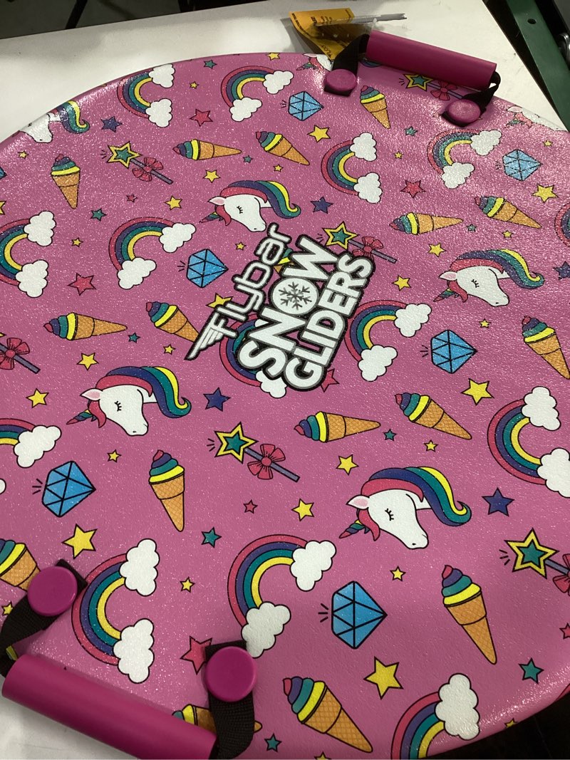 Condition photo showing New/Like New for Flybar Snow Sled for Kids and Toddlers- Foam Saucer Disc, Ages 6+, Easy Grip Handles, Durable with Slick Bottom & PE Core Build, Lightweight Snow Boards, Snowboard Toys for Outdoor, Up to 110 lbs, 26" Pink Unicorn