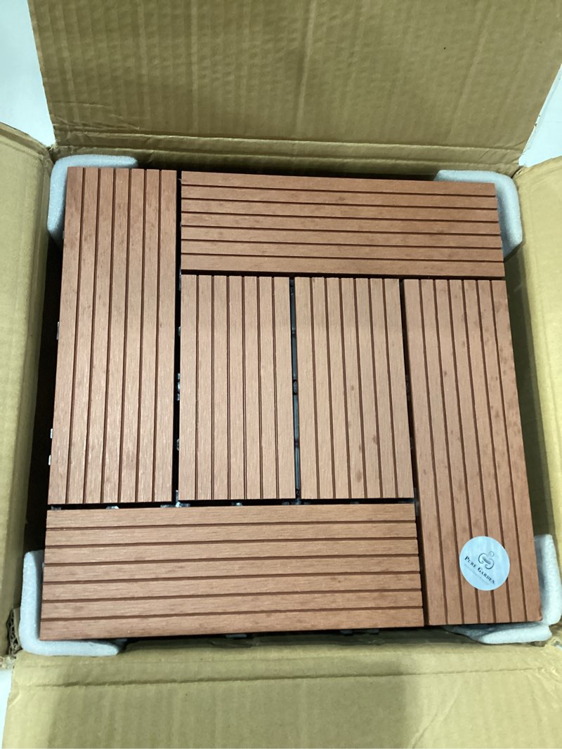 Condition photo showing As Is for deck tiles - 24-pack wood plastic composite interlocking patio tiles - outdoor flooring for balcony, porch, and garage by pure garden (terracotta) 24 pack