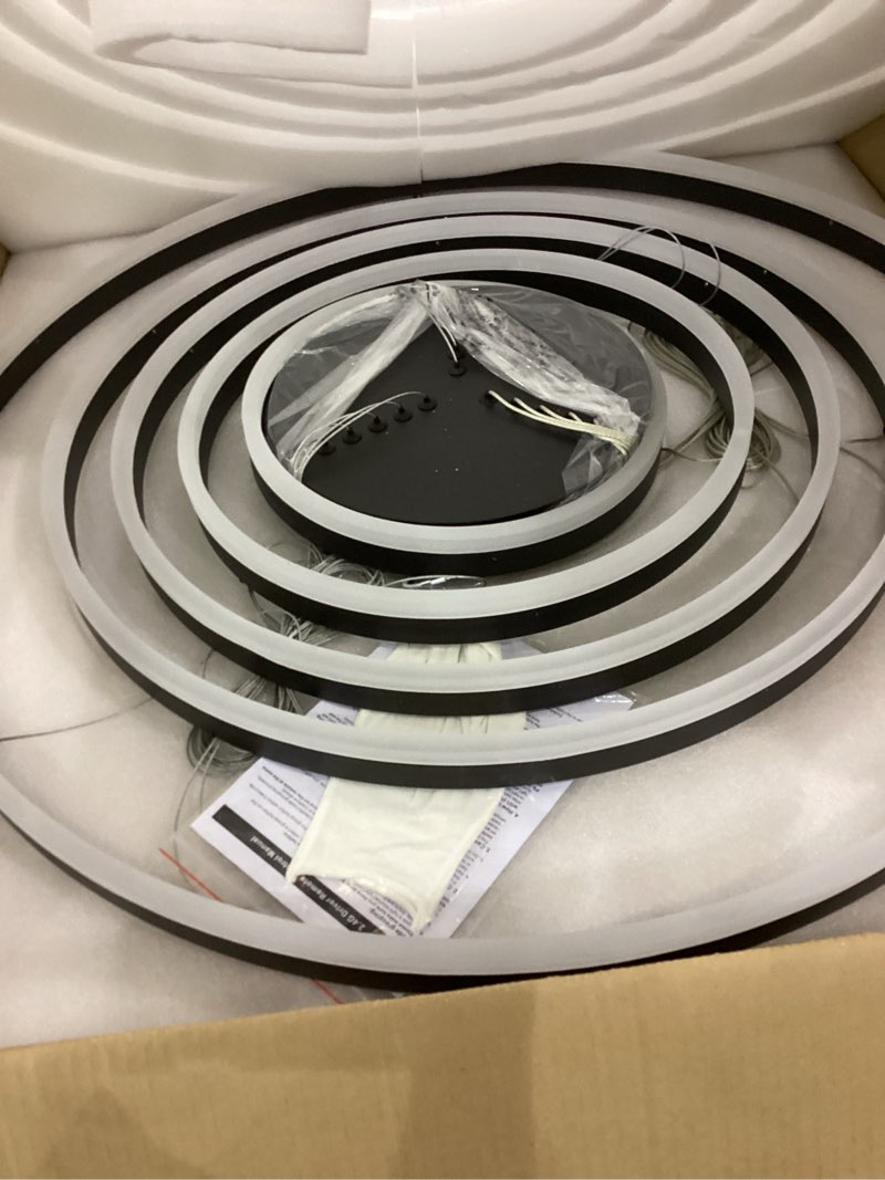 Condition photo showing New/Like New for 5 Rings D31.5 Modern LED Chandelier Black Large Dimmable Circular High Ceiling Chandeliers with Remote Control for Foyer Dining Room Living Room Staircase Villa, 3000K-6500K CCT