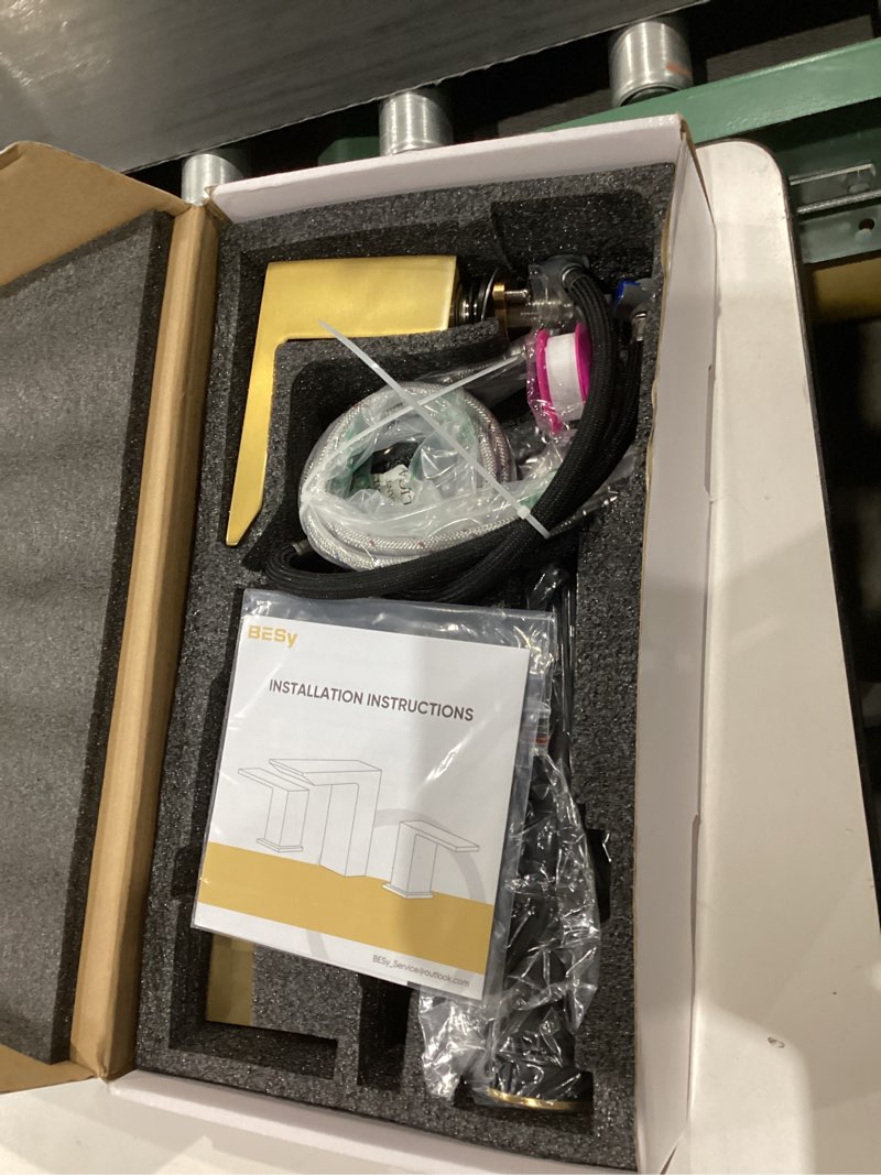 Condition photo showing New/Like New for BESy Waterfall Bathroom Faucets 3 Hole Square 8 Inch Widespread Bathroom Sink Faucet Vanity 2 Handle Widespread for Restroom Sink with Pop Up Drain cUPC Supply Hose Brushed Gold 8 Inch Widespread with Drain Gold