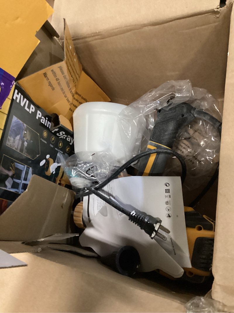 Condition photo showing As Is for paint sprayer, 700w hvlp spray gun with cleaning & blowing joints, 4 nozzles and 3 patterns, easy to clean, for furniture, cabinets, fence, walls, door, garden chairs etc. vf803 yellow
