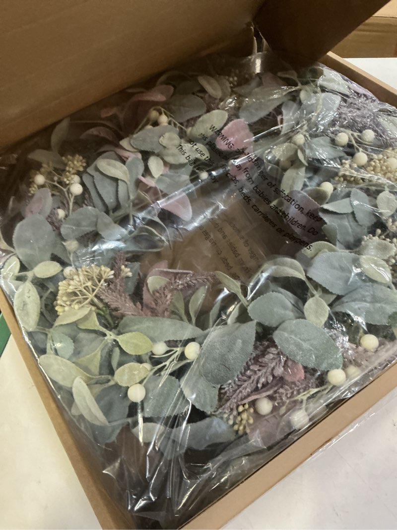 Condition photo showing item condition for 26" Lambs Ear Wreath for Front Door, Artificial Spring Wreath with White Berries, Wheat Ears, Holly Flowers, Christmas Wreaths for Winter Spring Wedding Home Year Round Indoor/Outdoor Decor