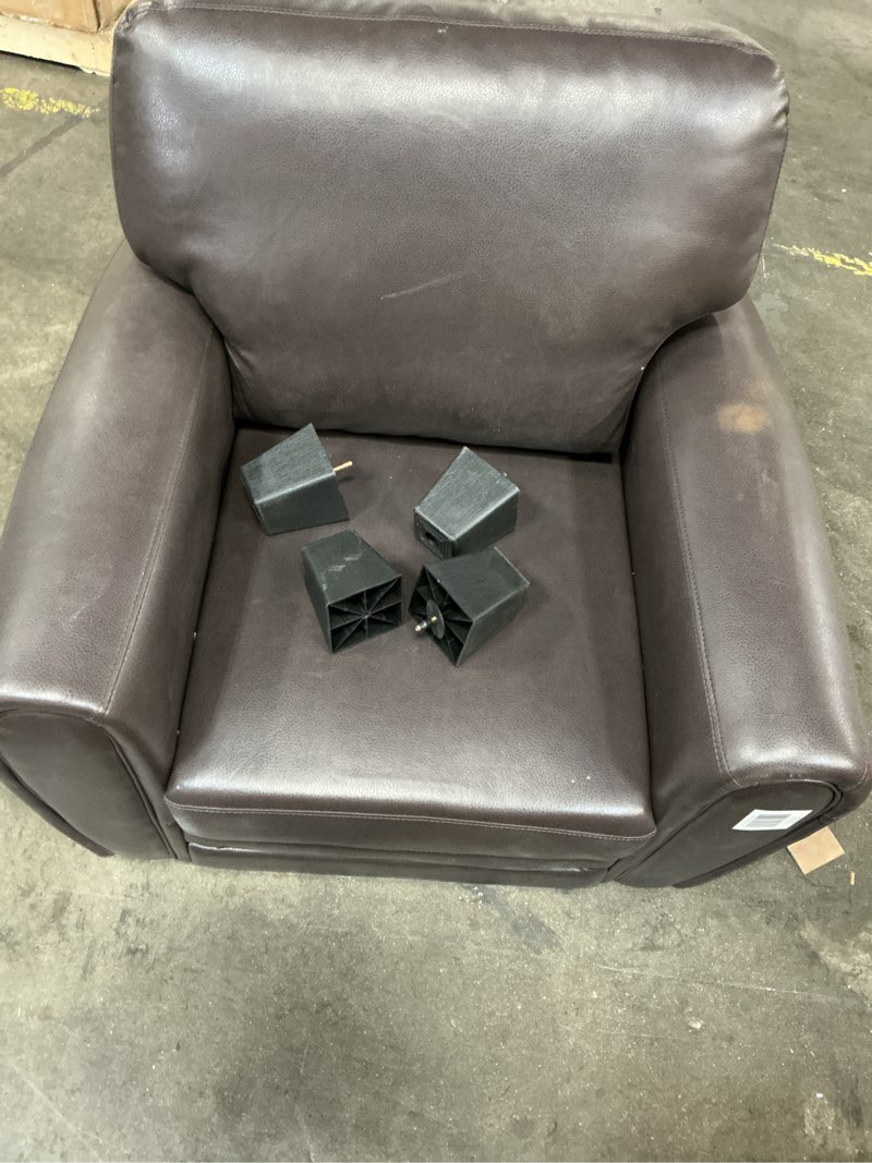 Condition photo showing As Is for homelegance 39\"w rubin modern accent chair with track arms, foam cushions. comfort seating, faux leather armchair, for living room, bedroom, office, easy assembly, dark brown