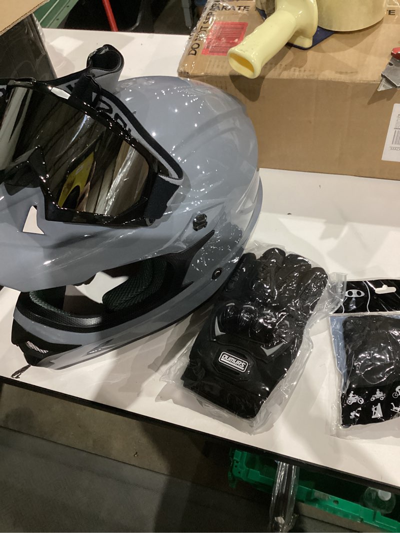 Condition photo showing Good Condition for zorax attack grey xl (61-62cm) motocross helmet & red gloves xl(11cm) & red goggles & balaclava ece approved