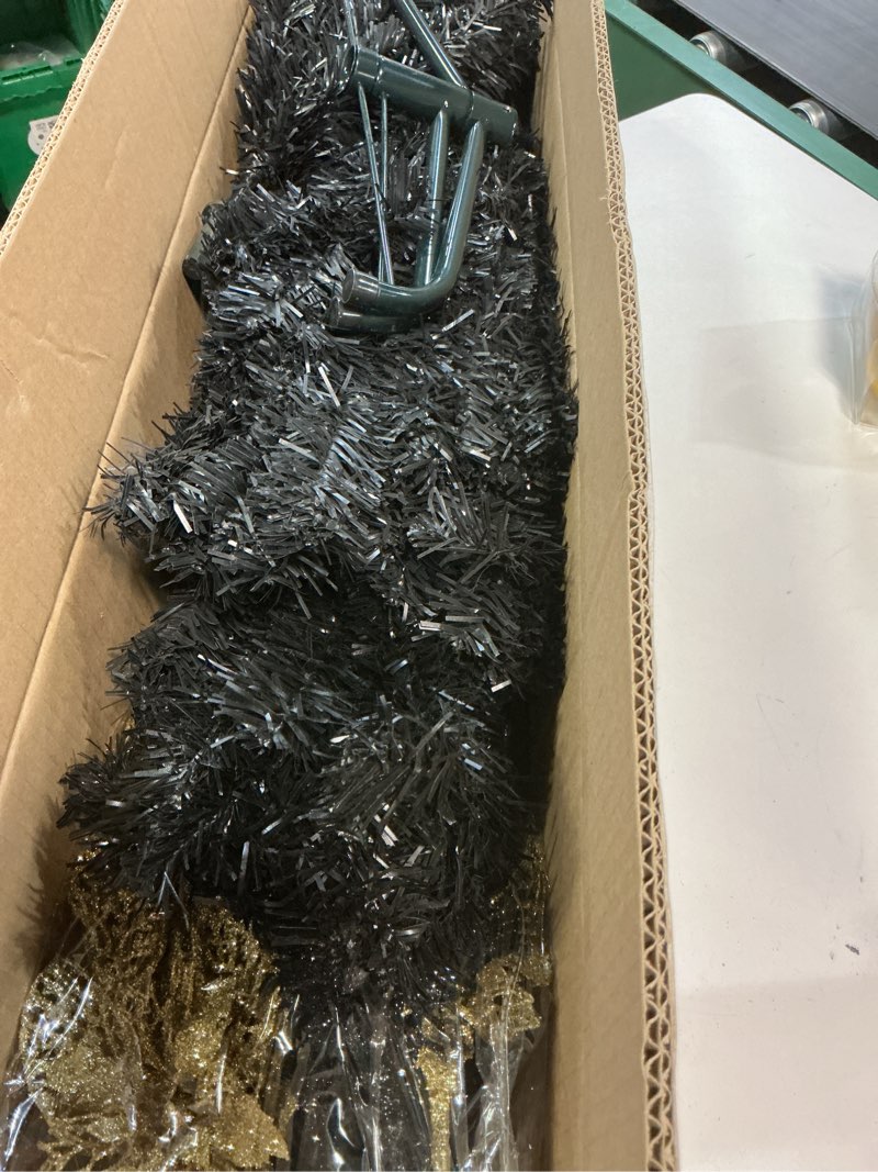 lunmon 6ft half christmas tree with ornaments and 150 led lights artificial half-shape christmas tree with poinsettia berry picks topper star balls for xmas holiday decoration(dark black)