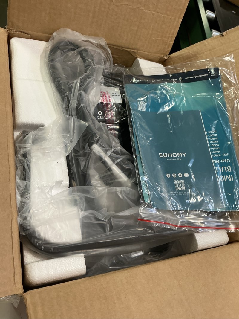 Condition photo showing New/Like New for EUHOMY Countertop Ice Maker Machine with Handle, 26lbs in 24Hrs, 9 Ice Cubes Ready in 6 Mins, Auto-Cleaning Portable Ice Maker with Basket and Scoop, for Home/Kitchen/Camping/RV. (Black) ICE MACHINE 11.57"D x 11.42"W x 8.74"H Black