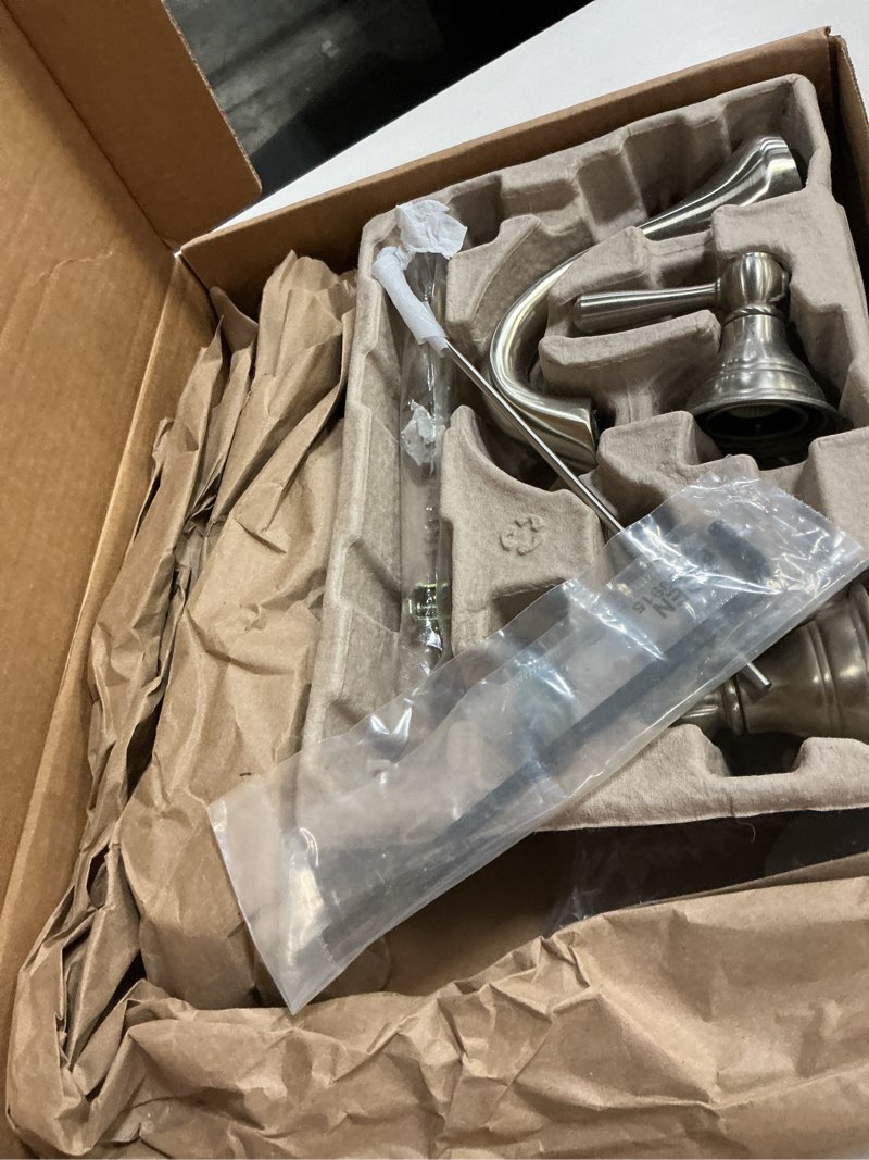 Condition photo showing As Is for moen eva brushed nickel two-handle high-arc widespread bathroom faucet, bathroom faucets for sink 3 hole setup with drain trim, (valve required), t6420bn brushed nickel trim only