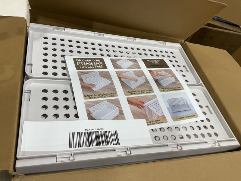 Condition photo showing As Is for 5 Pack Stackable Closet Storage Basket - Stackable Storage Bins, Multifunctional & Foldable Closet Organizer Waterproof, Wardrobe Cupboard Space-Saving Hat Storage Drawer Organizer, White White 5 Pack White