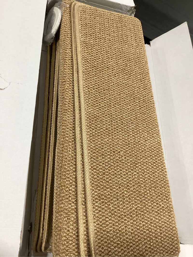Condition photo showing As Is for (14of 15 in box) mbigm 8\" x 30\" (15 in pack) nonslip carpet stair treads non-skid safety rug slip resistant indoor runner for kids elders & pets with reusable adhesive - brown - non slip stair treads indoor 8\" x 30\" - 15 pcs brown