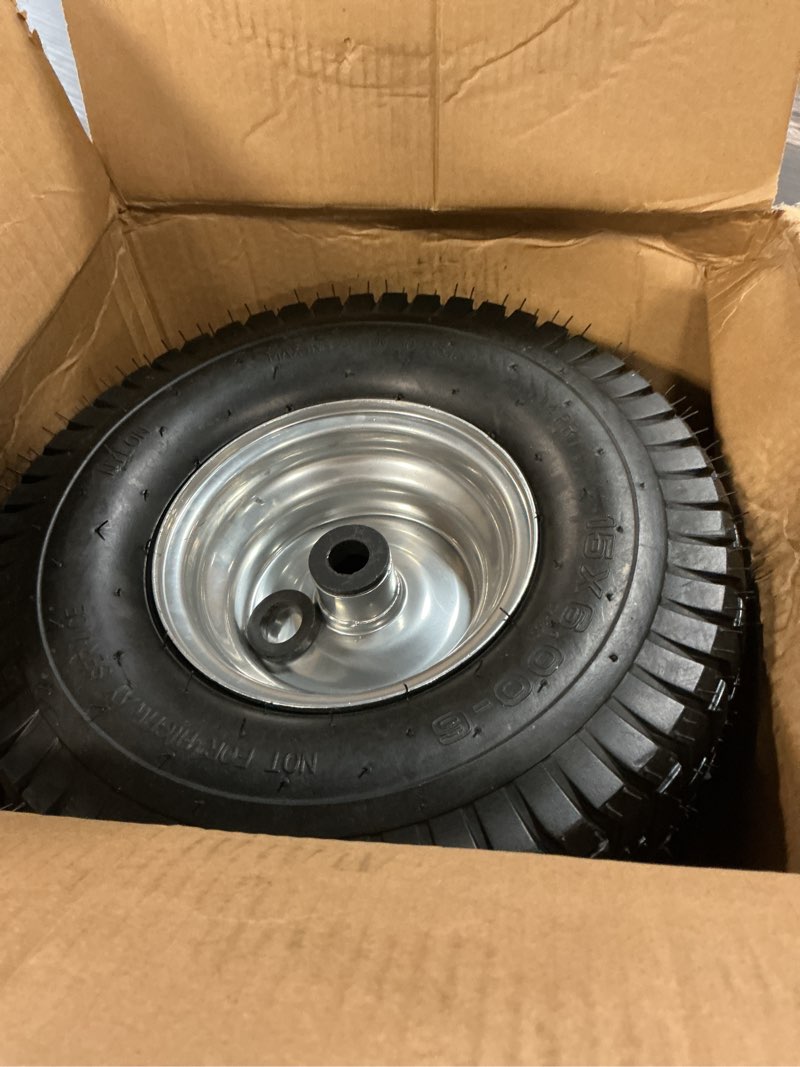Condition photo showing Good Condition for 15x6.00-6 replacement lawn mower tires - 2 pack heavy duty15x6.00-6nhs rubber tire and wheel - riding lawn mower tires with bearing bore 3/4 inch - compatible with most riding mowers and lawn tractors