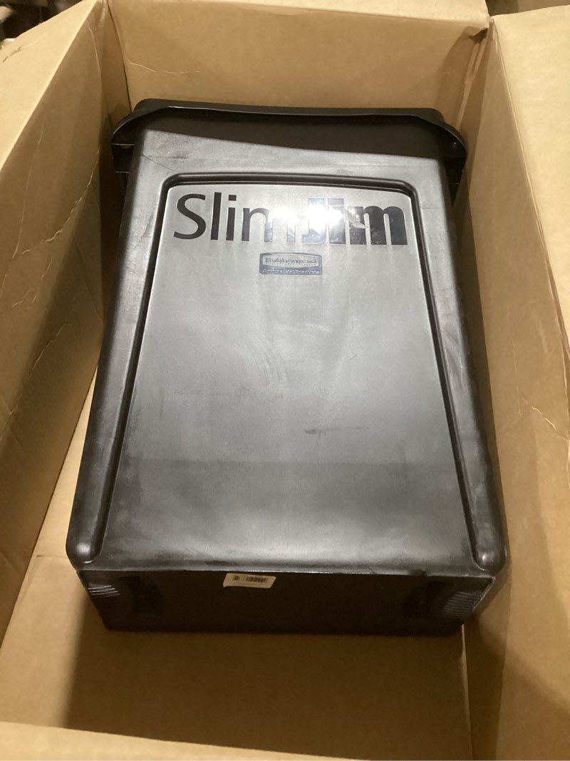 Condition photo showing Good Condition for Rubbermaid Commercial Products Slim Jim Plastic Rectangular Trash/Garbage Can With Venting Channels 23 Gal Black for Kitchen/Office/Workspace