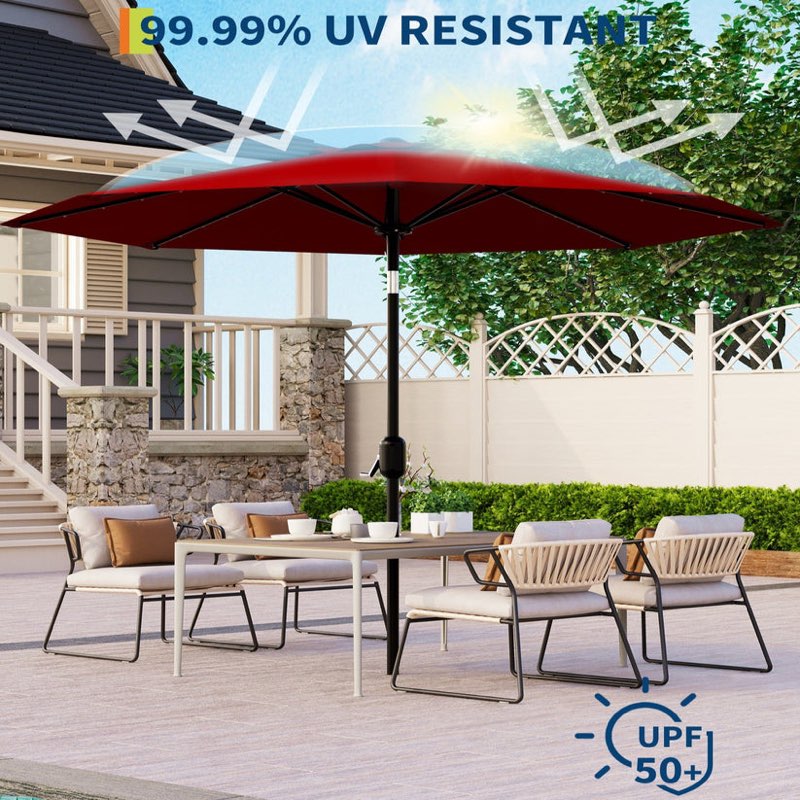 garvee 9ft solar led patio umbrella with 32 lights, tilt & crank outdoor market umbrella, uv & water resistant, 8 ribs sunshade for garden, deck, pool & table , red