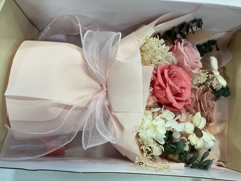 Condition photo showing Good Condition for preserved flowers bouquet with bear, 3 real forever flowers for delivery, long-lasting pink eteranl roses bouquet, anniversary birthday gifts for women mom her girlfriend wife