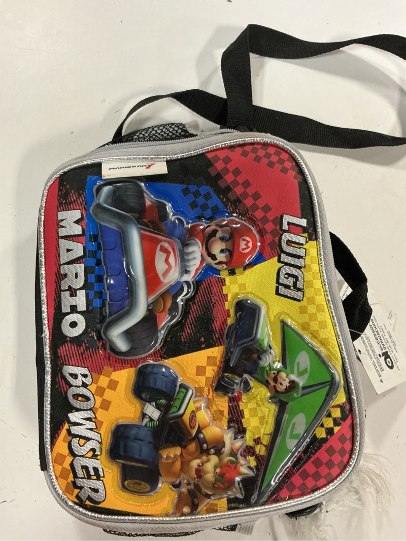Condition photo showing As Is for bioworld super mario kart rectangle lunch bag, small, black