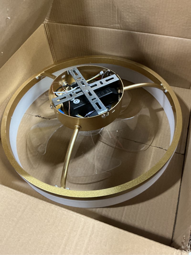 Condition photo showing As Is for VOLISUN Low Profile Ceiling Fans with Lights and Remote,15.7in Modern Ceiling Fan Flush Mount, 3000K-6500K Dimmable Bladeless LED Fan Light,Gold Fandelier Ceiling Fans with Lights for Bedroom Gold 15.7 INCH
