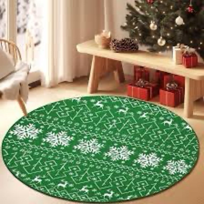Yamaziot Washable Christmas Round Rug 4ft – Red Snowflake Geometric Christmas Tree Area Rug Holiday Decor, Non-Slip Soft Low Pile Xmas Carpet for Living Room, Bedroom, Foyer, Green
