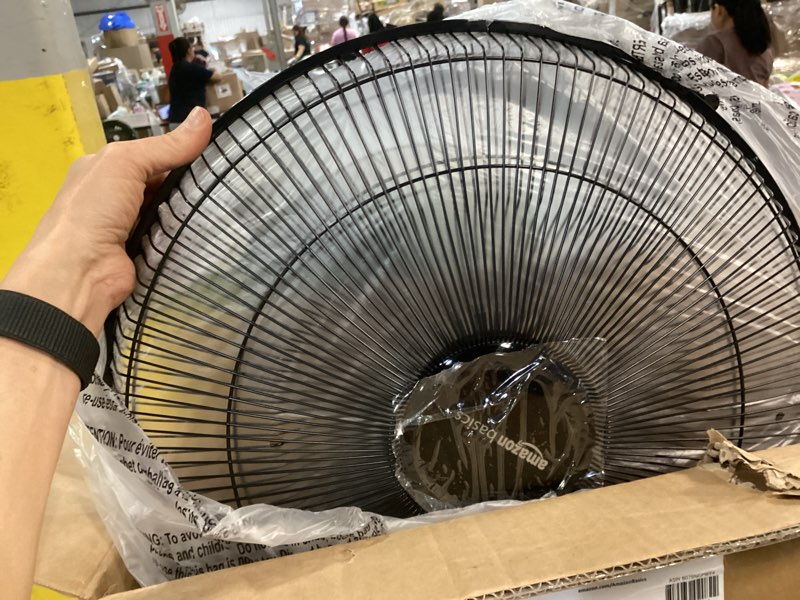 Condition photo showing Good Condition for amazon basics 16" pedestal fan with remote, floor fan, standing fan for bedroom, living room, office, with 3 speeds, 3 modes, timer, dual-layered blades, adjustable height, tilt head, 60w, black 3-speed, ac motor