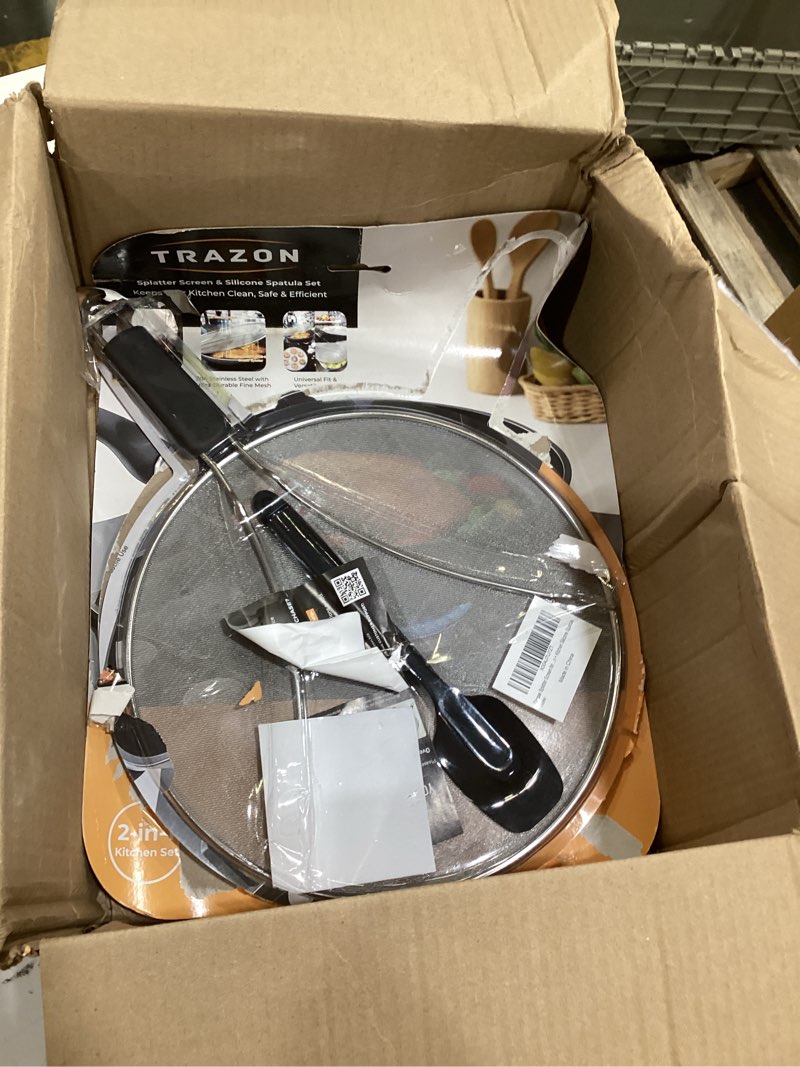 Condition photo showing Good Condition for grease splatter screen for frying pan 13 inch - stops 99% of hot oil splash - protects skin from burns - splatter guard for cooking - iron skillet lid keeps kitchen clean, includes silicone spatula