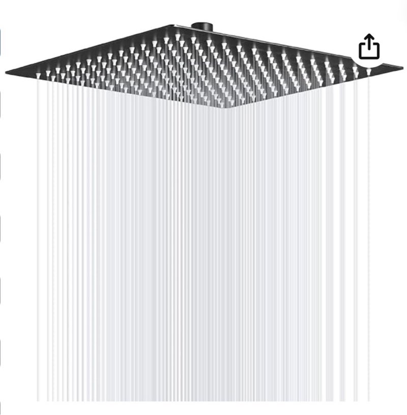 BWE Rain Shower Head High Pressure Black 16 Inch Square 304 Stainless Steel Rainfall Showerhead with 1/2 Connection for Bathroom Ceiling or Wall Mount
