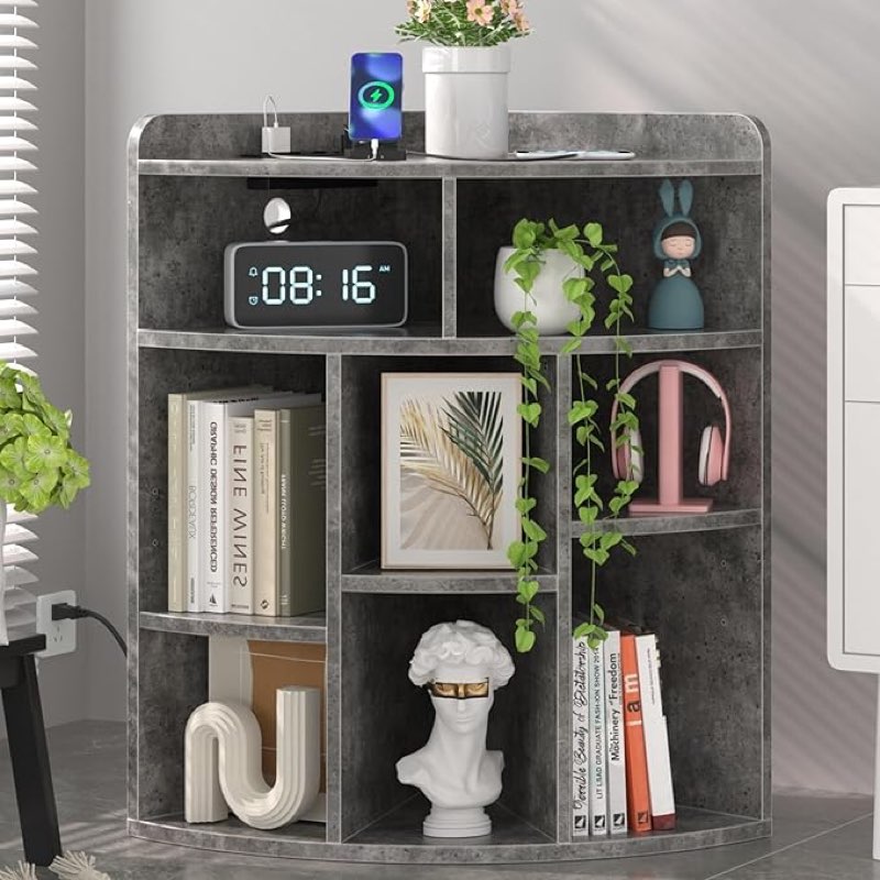 vecelo corner cube shelf with usb ports & outlets, modern corner toy storage rack with adjustable shlef, wooden display bookshelf bookcase for living room, bedroom, dining room, kitchen, gray