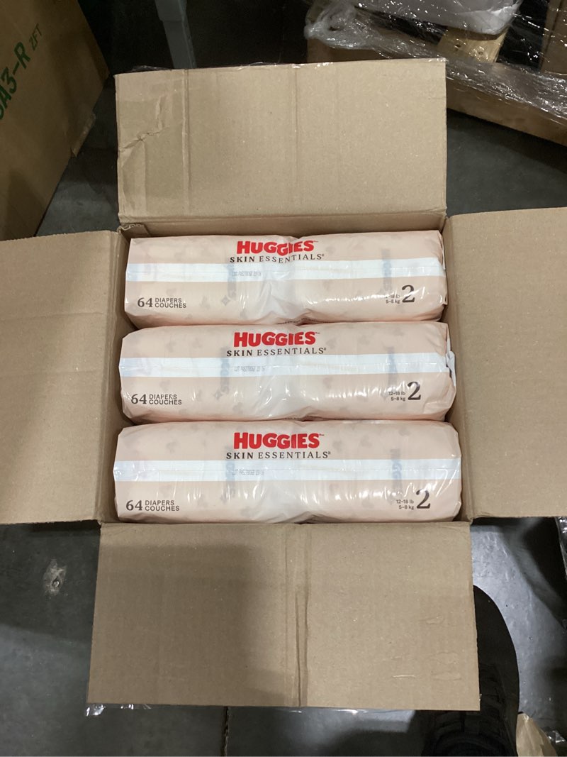 Condition photo showing New/Like New for huggies size 2 diapers, skin essentials baby diapers, size 2 (12-18 lbs), 192 count (3 packs of 64), packaging may vary size 2 192