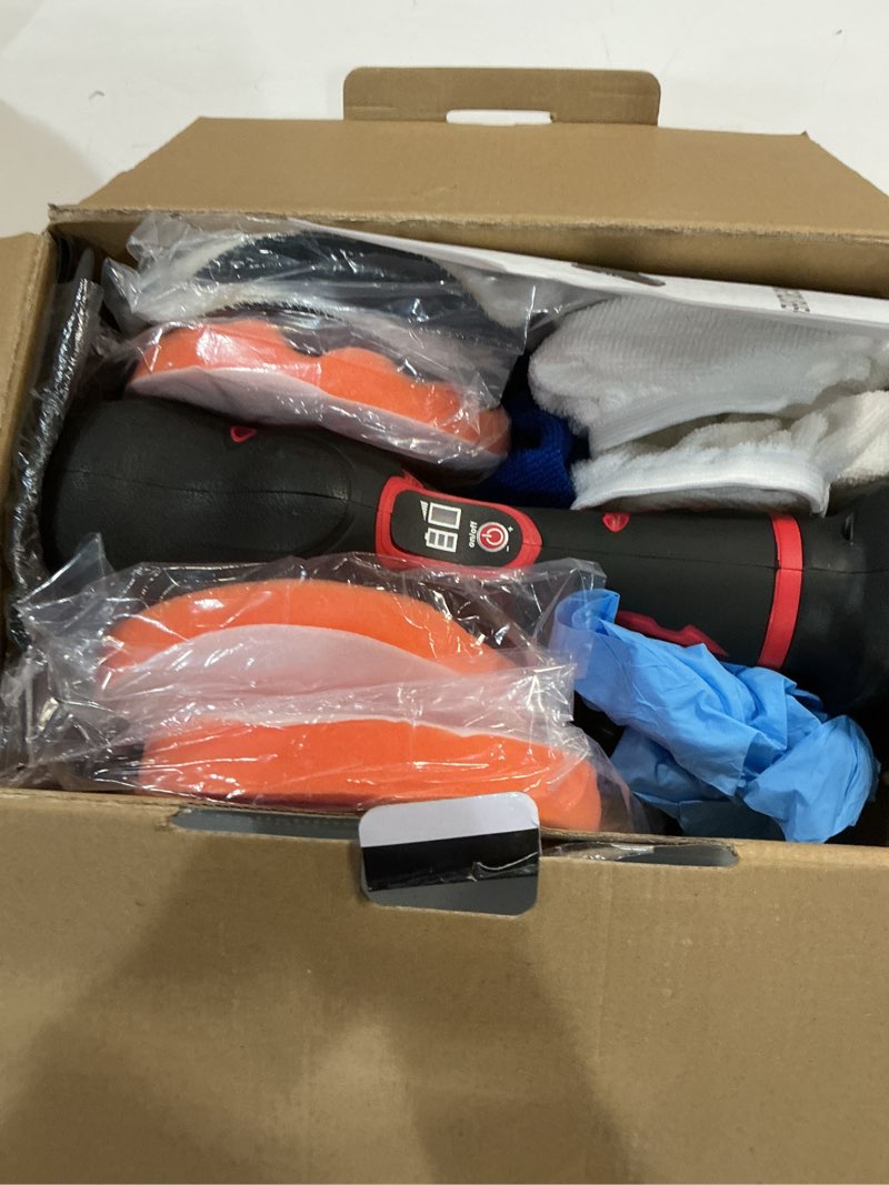Condition photo showing As Is for cordless car buffer polisher, 6 inch orbital polisher kit with 2x21v batteries & 21 pcs attachments - 8 speeds variable max 6000rpm car buffer for car detailing, waxing, polishing, scratch removing red