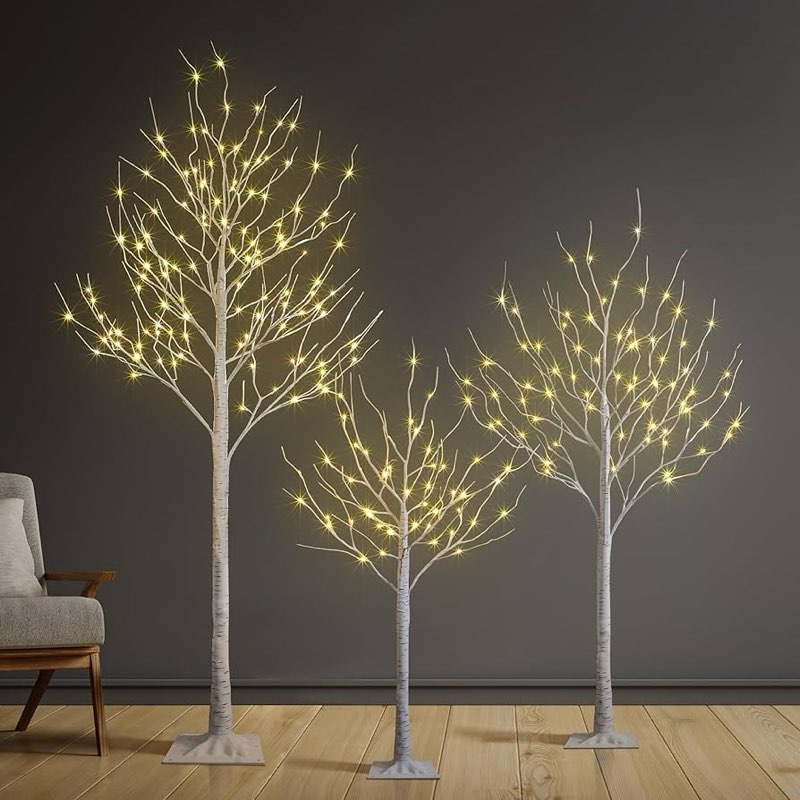 TW SHINE Set of 3 Lighted Birch Tree, 4FT 6FT 8FT White Artificial Christmas Tree with Total 456 LED