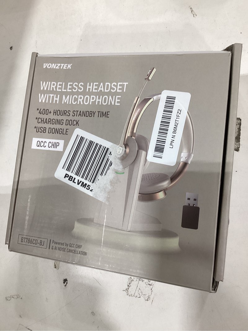Condition photo showing New/Like New for Wireless Headset with Mic for Work, Bluetooth Headset with Microphone, AI Noise Canceling Mic & USB Dongle, Wireless Headphones with Mic Mute & Charging Base for Office/Call Center/Laptop/Zoom Champagne Gold & White