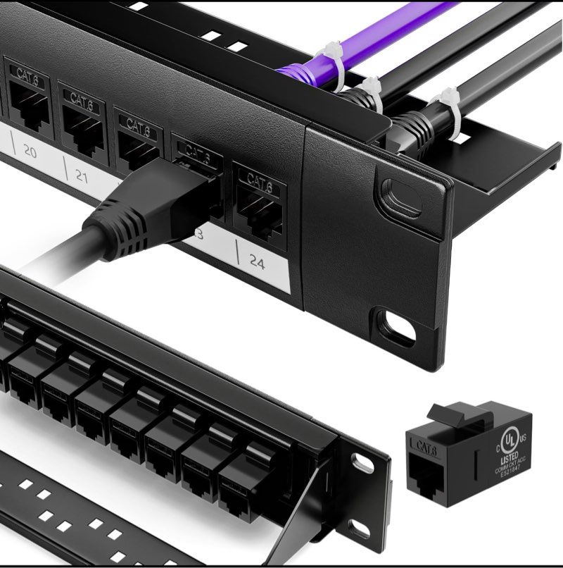 VCELINK 24 Port Keystone Patch Panel 1U 19-Inch, with 25-Pack UL-Listed UTP CAT6 Keystone Coupler and Removable Cable Management Bar, 10G Support (25 x Cat6 Coupler (Black)