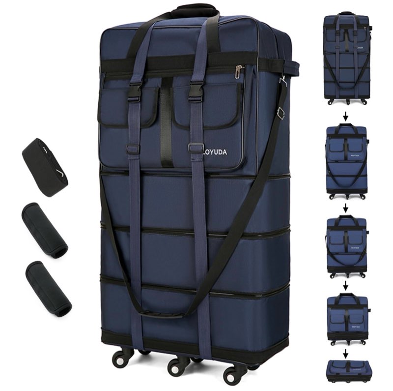 130L Expandable Luggage, 40 Inch Suitcase with Wheels, Collapsible Luggage with Wheels, Rolling Duffle Bag with wheels,Foldable Suitcase with2Handle Wrap 2Fixing Straps 1Shoulder Strap (Blue)