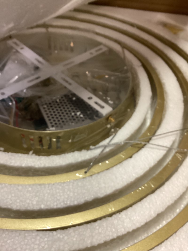 Condition photo showing New/Like New for modern gold chandelier 5 rings dimmable led pendant light, height adjustable ceiling hanging fixture for dining room kitchen
