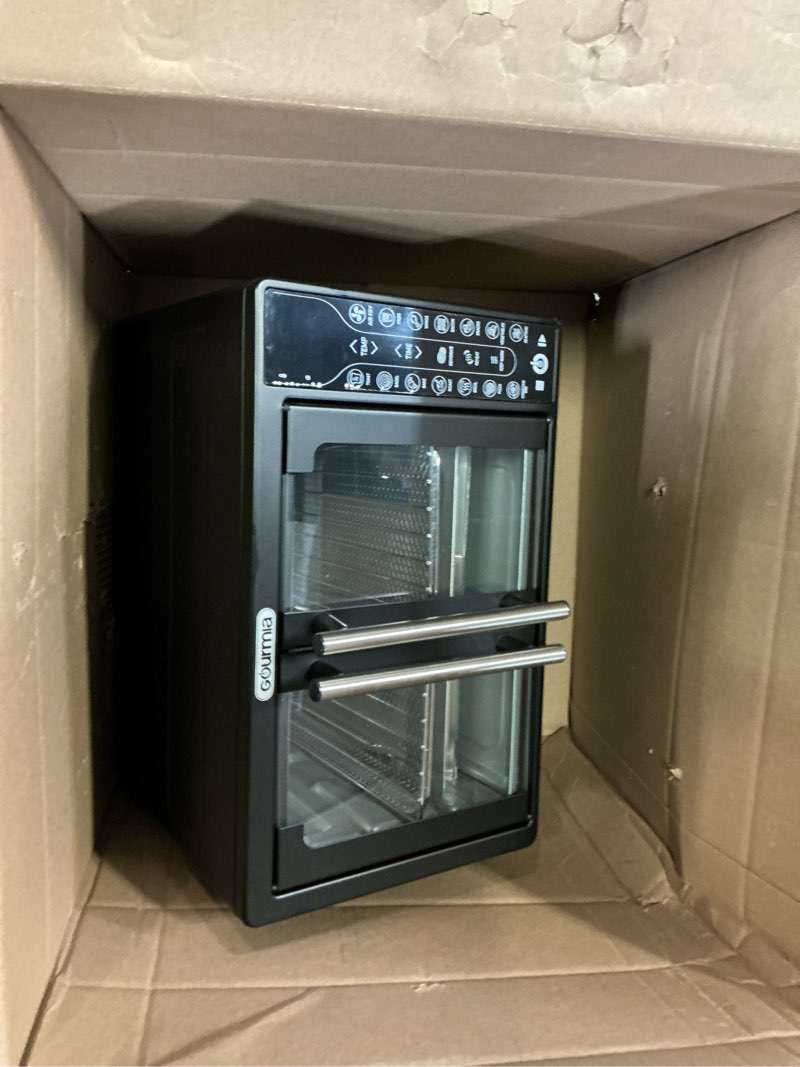 Condition photo showing As Is for Gourmia French Door Air Fryer – 25 Qt Large Capacity Convection Oven, Fryforce 360°, Digital Display with 17 Cooking Presets, Bake, Toast, Roast, Dehydrate, Fits 12” Pizza
