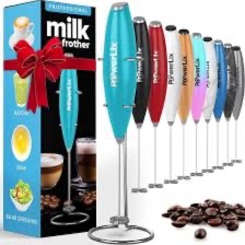 powerlix milk frother handheld battery operated electric whisk foam maker for coffee, latte, cappuccino, hot chocolate, durable mini drink mixer with stainless steel stand included (wm)