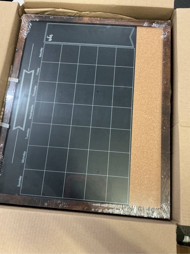 Condition photo showing item condition for TORASO Magnetic Chalkboard Calendar Corkboard, 18" x 22" Combination Chalk Board Bulletin Board, Walnut Brown Framed Blackboard Calendar Cork Combo Board(ZHHB-BN-4555) Brown 18"W x 22"H