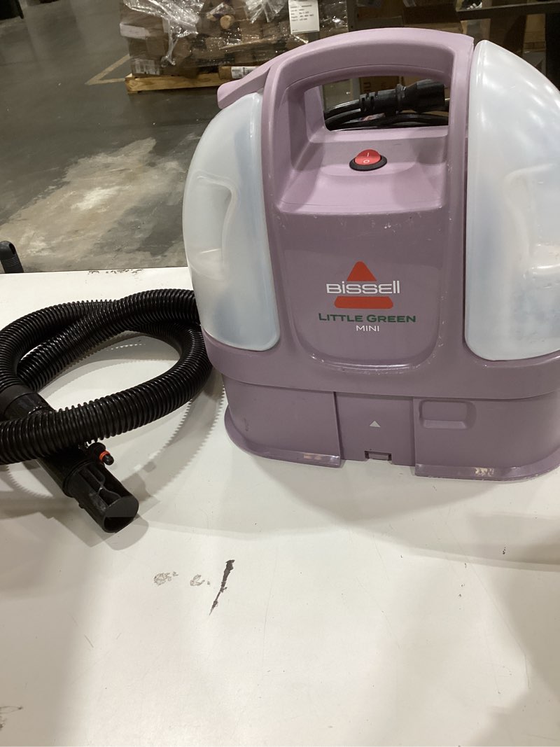 Condition photo showing As Is for bissell little green mini portable carpet and upholstery deep cleaner, car/auto detailer, with hydrorinse self-cleaning tool and 4" tough stain tool, limited edition color dusk pink, 4075l little green mini dusk